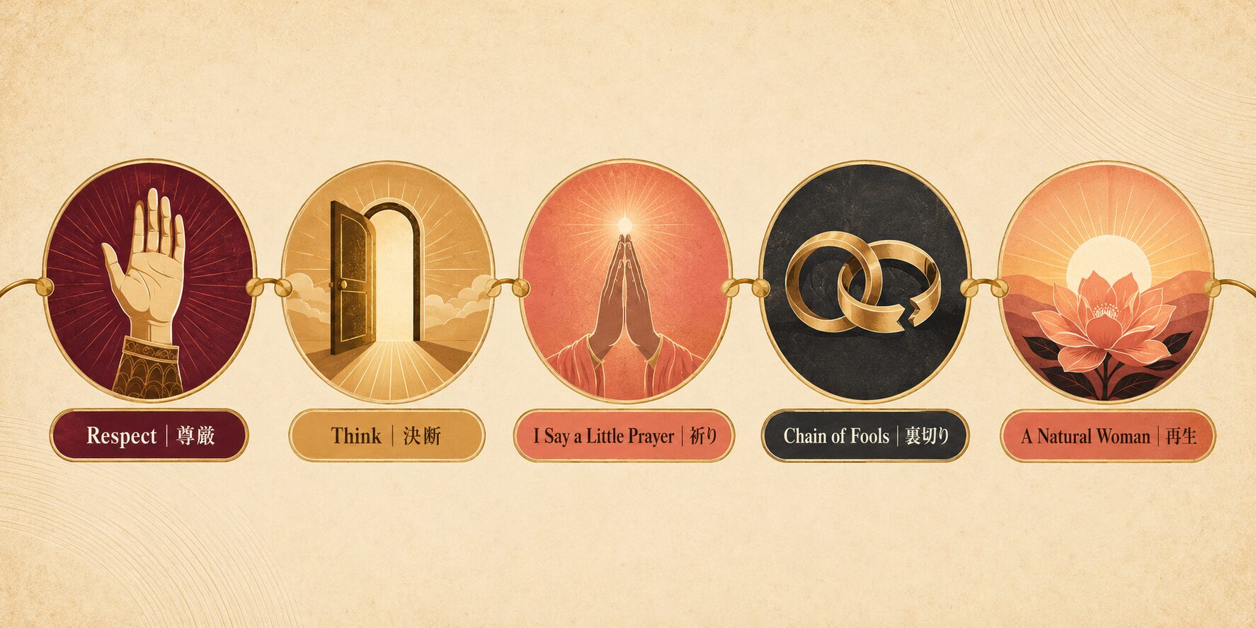 Respectは尊厳、Thinkは決断、I Say a Little Prayerは祈り、Chain of Foolsは裏切り、A Natural Womanは再生を表す5曲マップ
