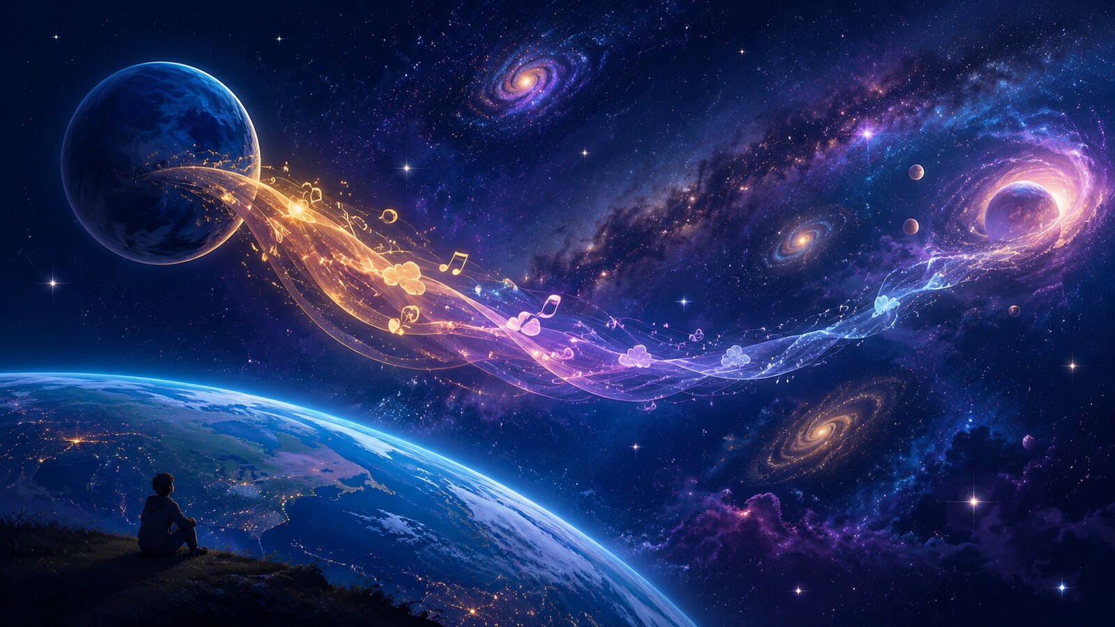 光の言葉が空間を横切り宇宙の向こう側へ進むacrossの意味を表すイラスト