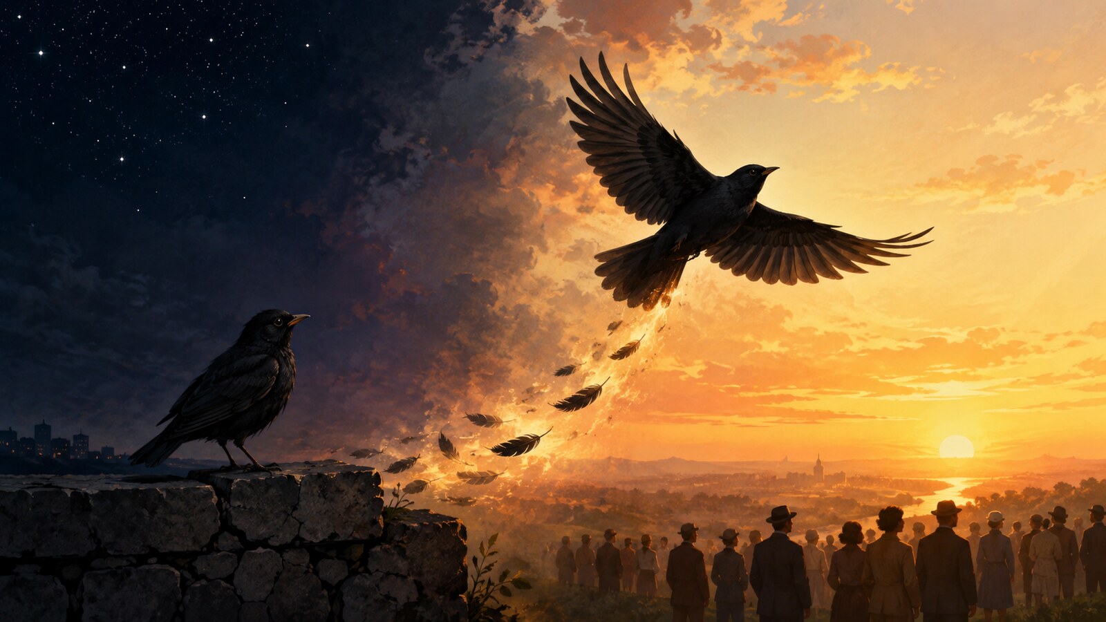傷ついた翼を広げ夜から朝へ飛び立つBlackbirdの比喩を表すイラスト