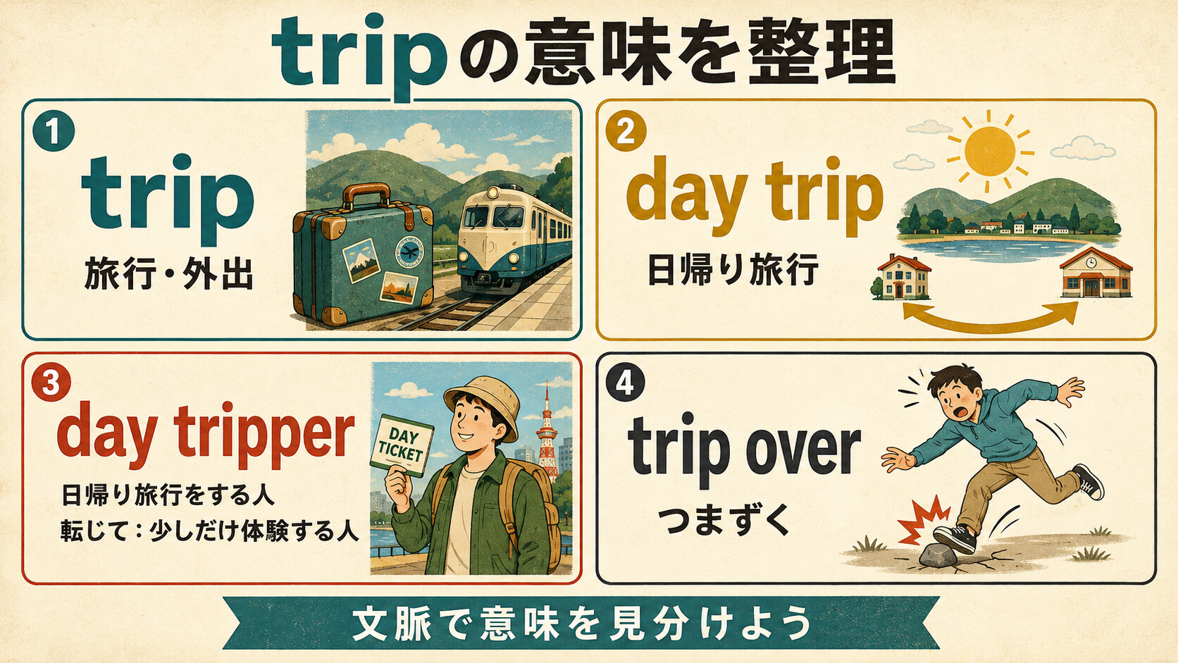 trip・day trip・day tripper・trip overの意味の違いを説明する英語学習図解