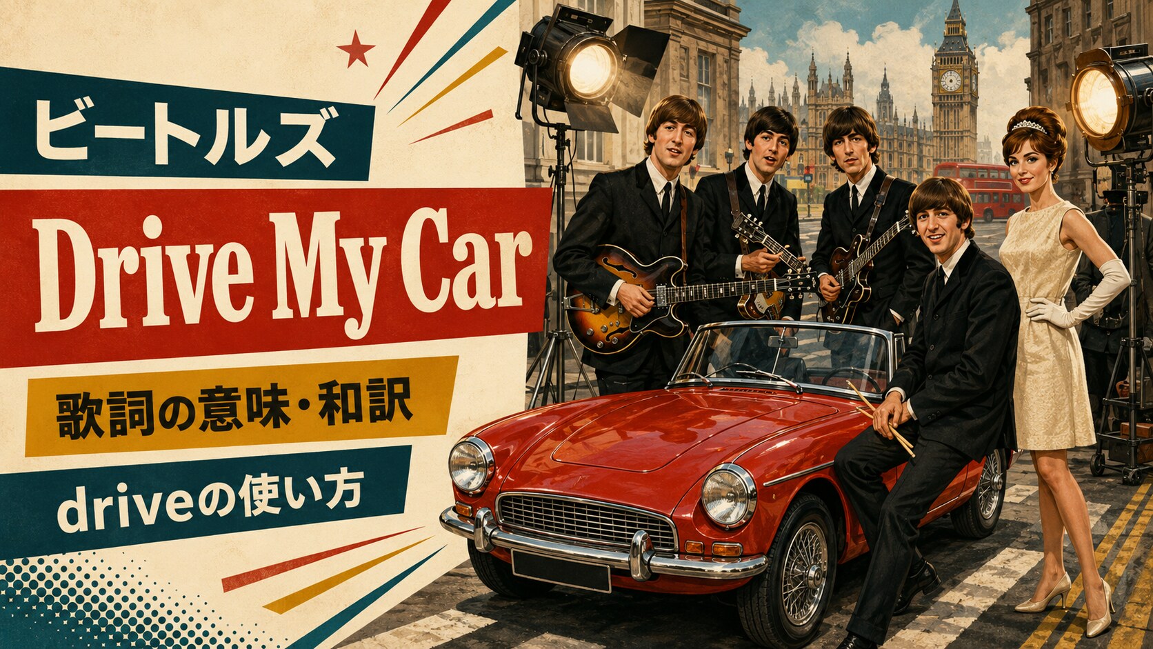 1965年のビートルズ4人と赤いクラシックカー、女優志望の女性を描いたDrive My Car歌詞の意味・和訳のアイキャッチ