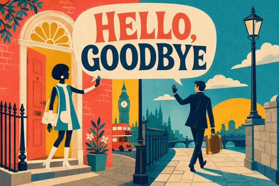 Hello, Goodbyeの意味を表したレトロな英語学習イラスト