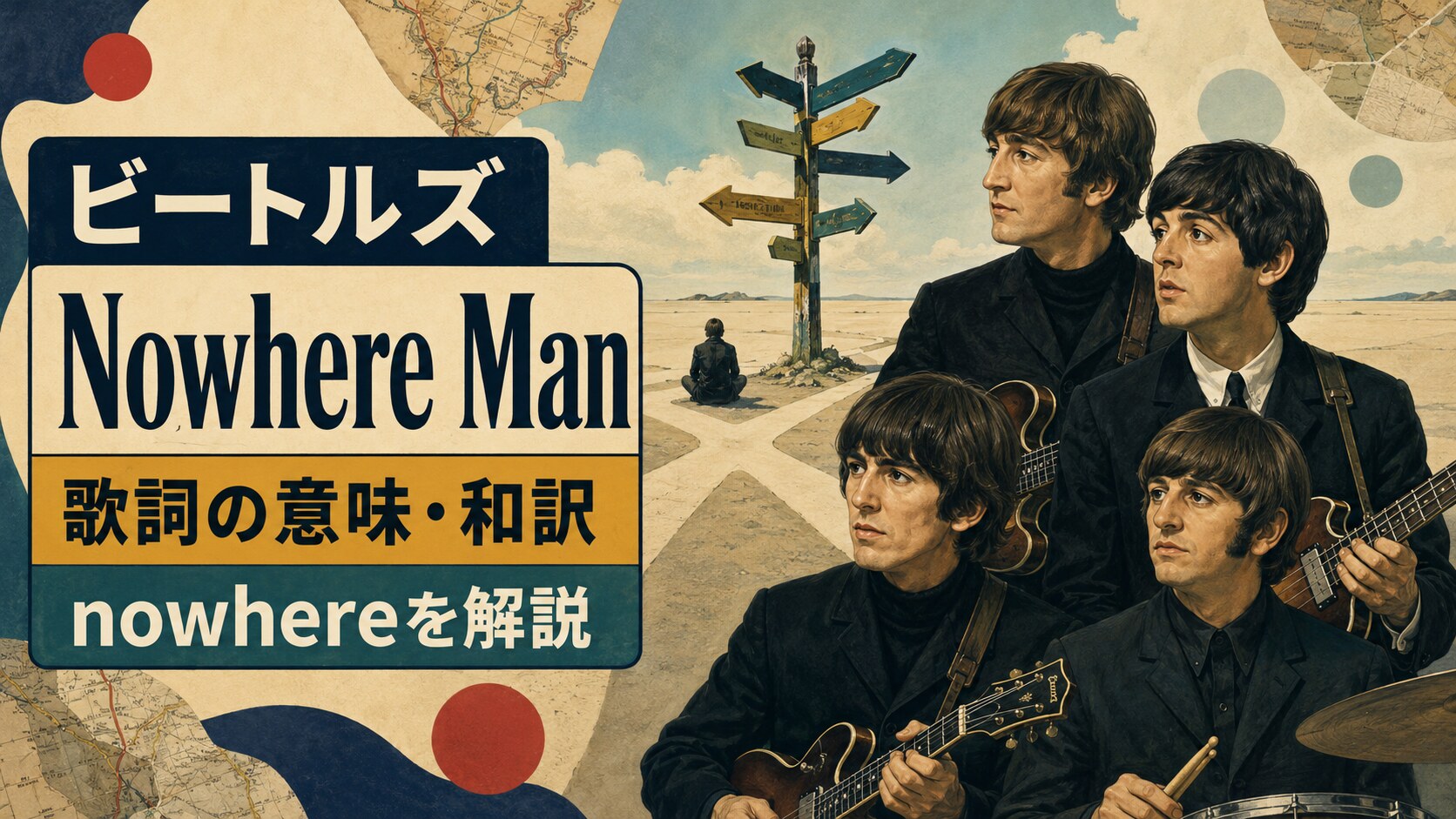 1965年のビートルズ4人と行き先のない交差点に座る人物を描いたNowhere Man歌詞の意味・和訳のアイキャッチ