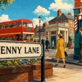 Penny Laneの街並みを描いたレトロな英語学習イラスト