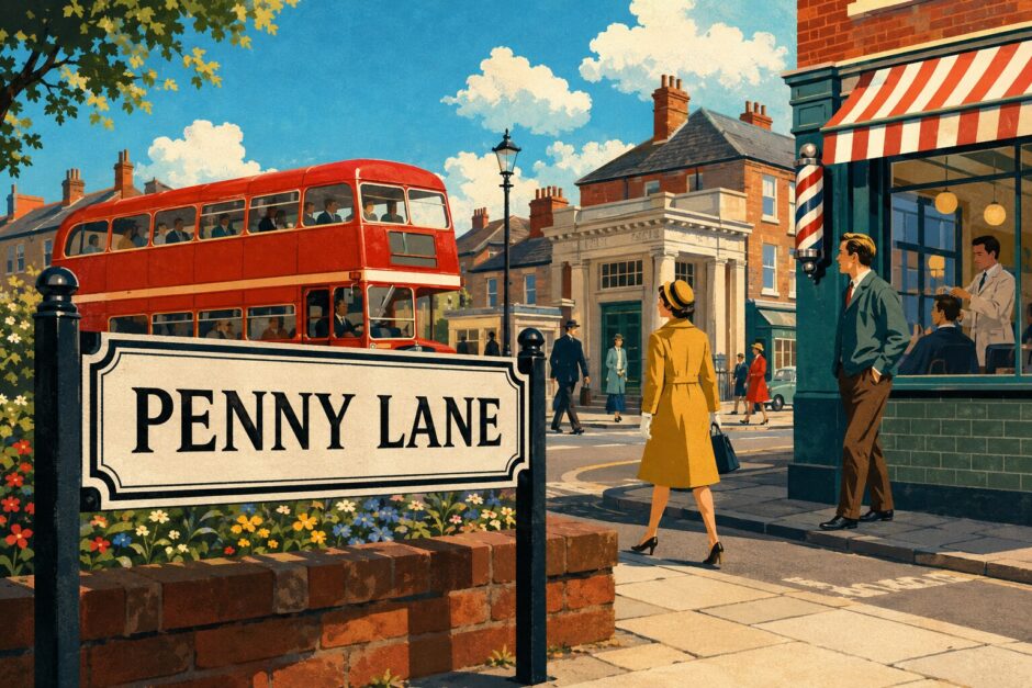 Penny Laneの街並みを描いたレトロな英語学習イラスト