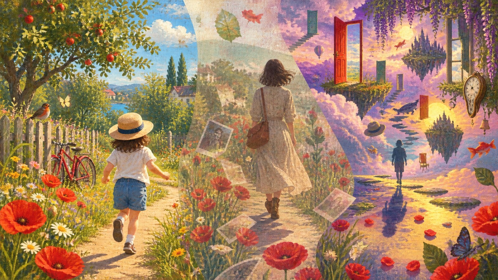 子どもの記憶から大人の回想と幻想へ風景が変化するイラスト