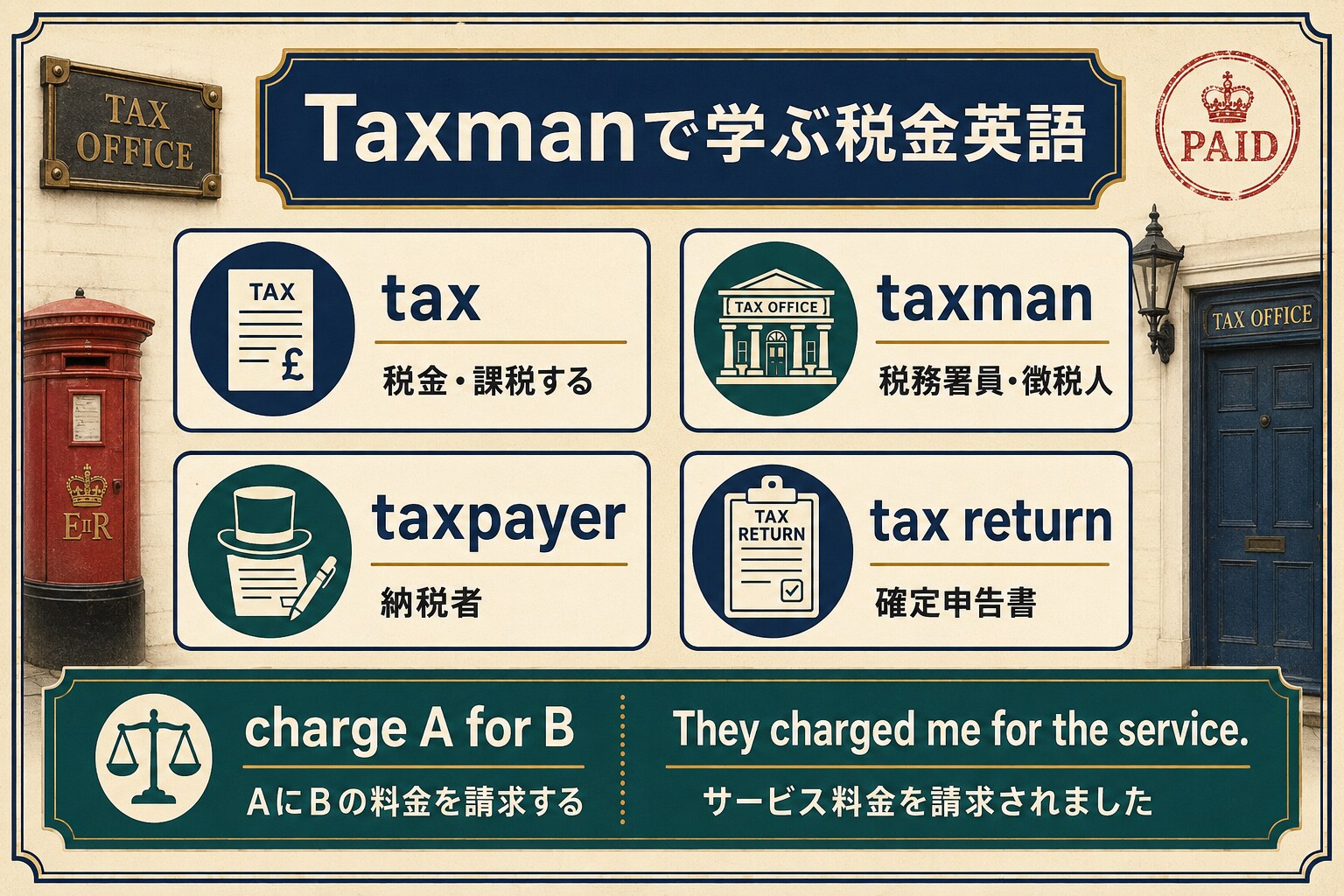 tax、taxman、taxpayer、tax return、chargeの英語図解