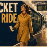 Ticket to Rideで列車へ向かう女性を描いたレトロな英語学習イラスト