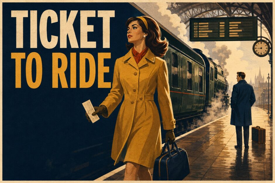 Ticket to Rideで列車へ向かう女性を描いたレトロな英語学習イラスト