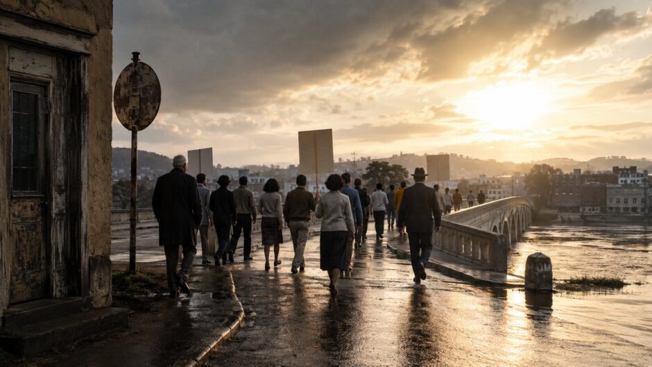 雨上がりの街で、古い扉を離れて朝日の差す橋へ進む人々