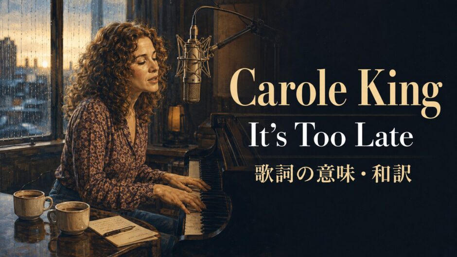 ピアノを弾くキャロル・キングをイメージしたIt's Too Late歌詞解説のアイキャッチ