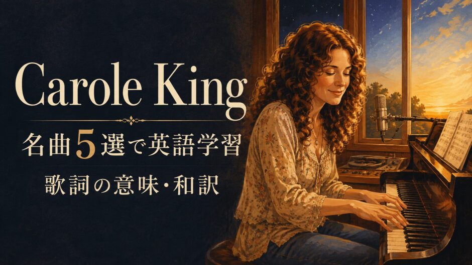 ピアノを弾く女性シンガーとCarole King名曲5選で英語学習の文字を描いたアイキャッチ