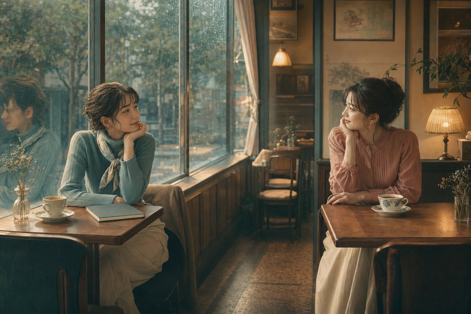 カフェの別々の席から親しく見つめ合う二人とclose toの距離感