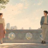 テラスで少し離れて見つめ合う二人を描いた「遥かなる影」のイメージ