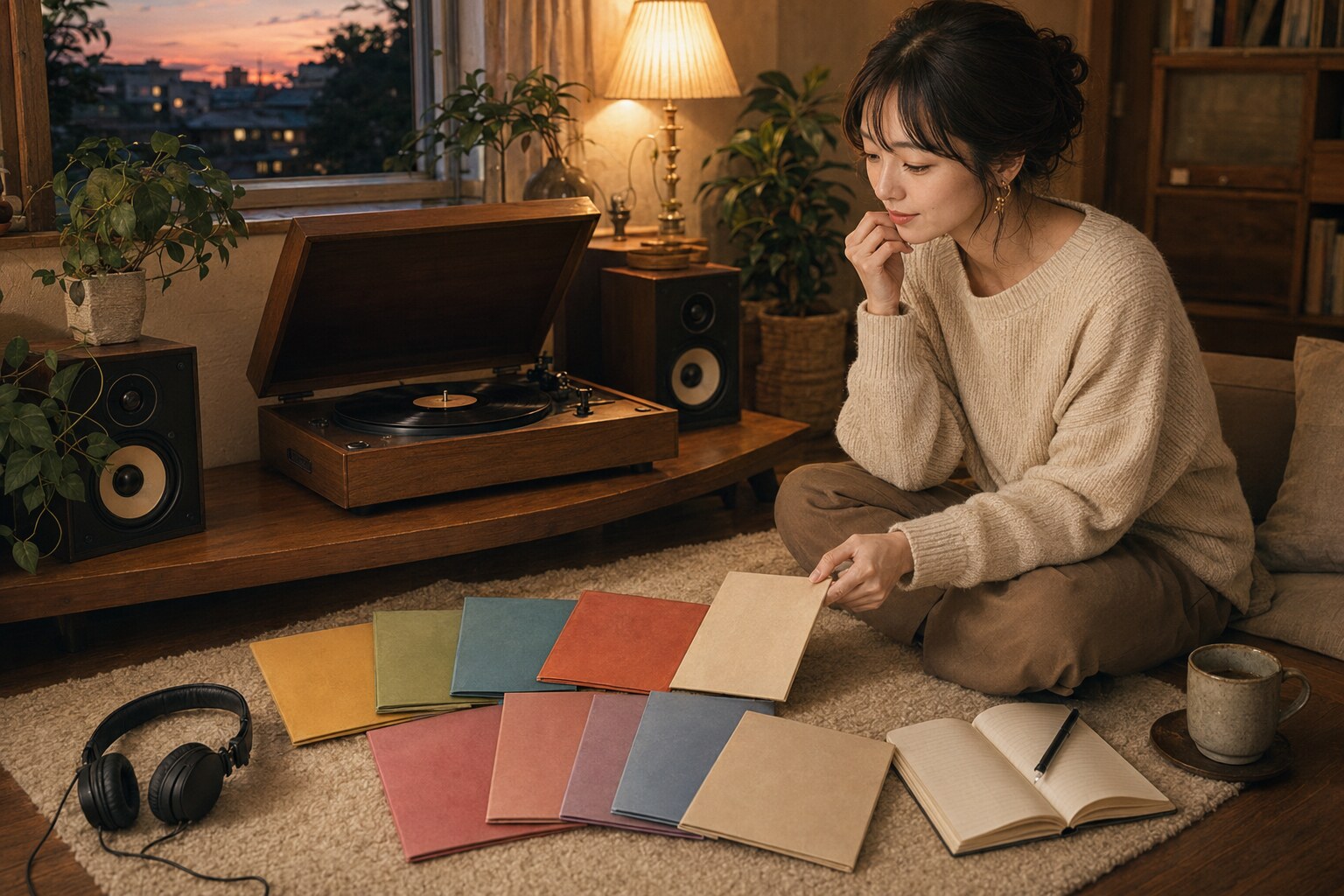 レコードプレーヤーの前で色とりどりの曲を選び英語ノートを開く女性