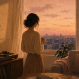 夕暮れの窓辺でレコードを聴く女性を描いた青春の輝きのイメージ