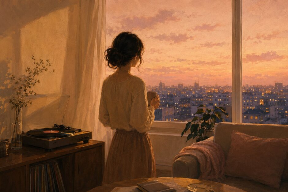 夕暮れの窓辺でレコードを聴く女性を描いた青春の輝きのイメージ