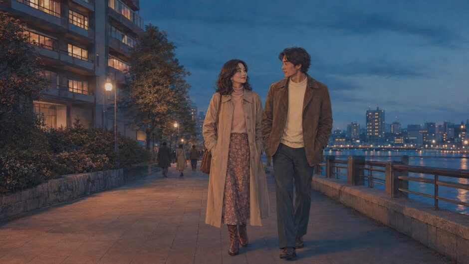 静かな夕暮れの街を見つめ合いながら歩く二人を描いた「見つめあう恋」のイメージ