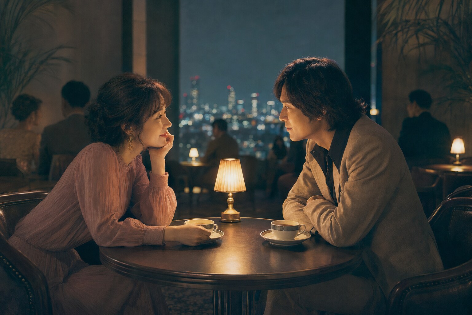 夜景を望む静かなカフェで見つめ合う二人とhushのイメージ