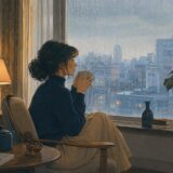 雨の月曜日に窓辺で静かに物思いにふける女性を描いたイラスト