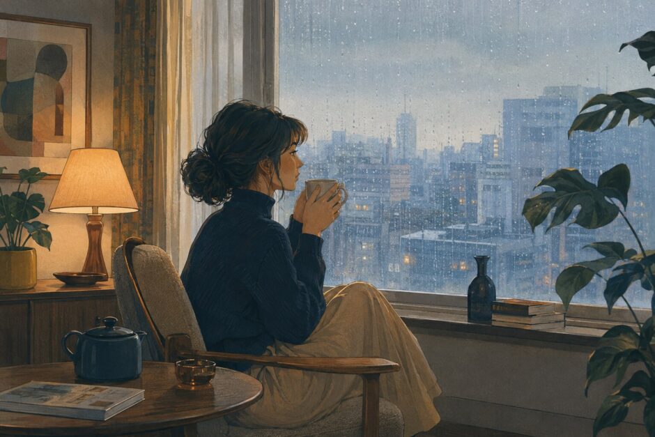 雨の月曜日に窓辺で静かに物思いにふける女性を描いたイラスト