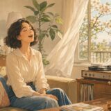 春の光が入る部屋で自然に歌う女性を描いたSingのイラスト
