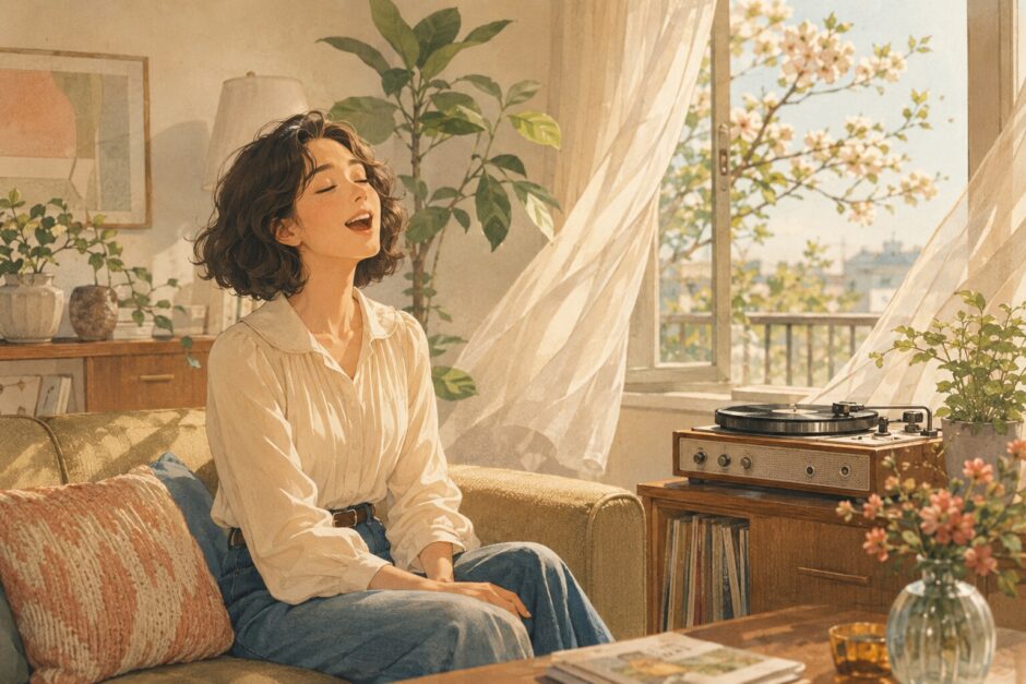 春の光が入る部屋で自然に歌う女性を描いたSingのイラスト