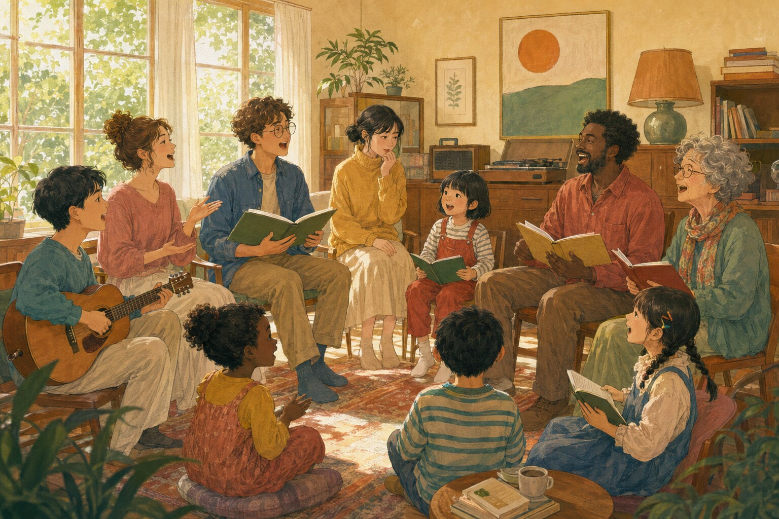 子どもと大人が温かな部屋で一緒に歌う様子を描いたイラスト