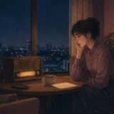 雨の夜にラジオから流れる歌を聴きながら遠い人を思う女性のイラスト