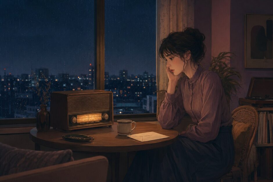 雨の夜にラジオから流れる歌を聴きながら遠い人を思う女性のイラスト