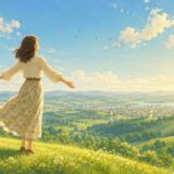 丘の上で明るい世界を見渡す女性を描いたTop of the Worldのイラスト