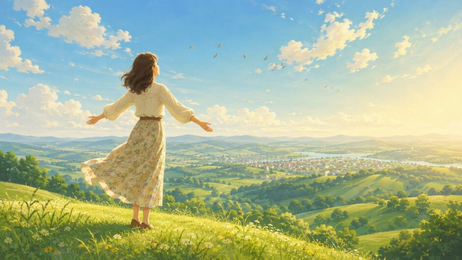 丘の上で明るい世界を見渡す女性を描いたTop of the Worldのイラスト