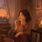 夕暮れの部屋でレコードを聴き昔の歌を思い出す女性のイラスト