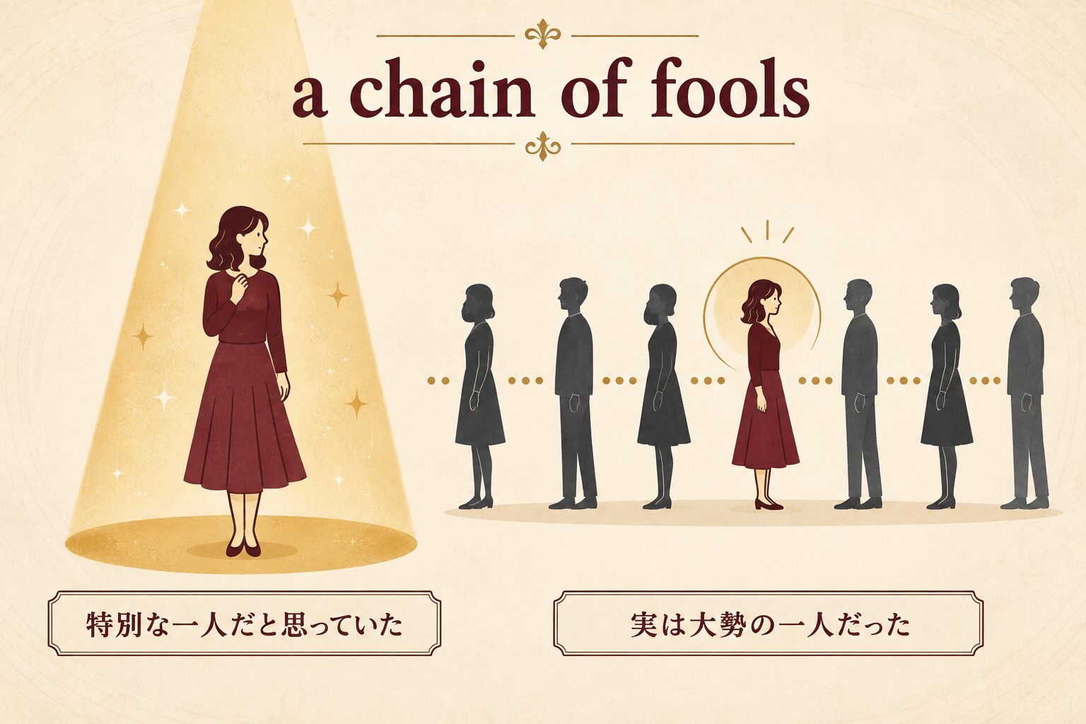 特別な一人だと思っていた女性が実は大勢の一人だったと気づくchain of foolsの比喩図