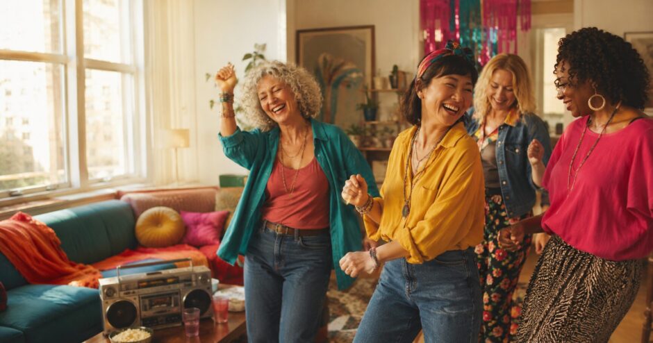 明るい部屋で音楽に合わせて踊り笑う40代から60代の女性たち