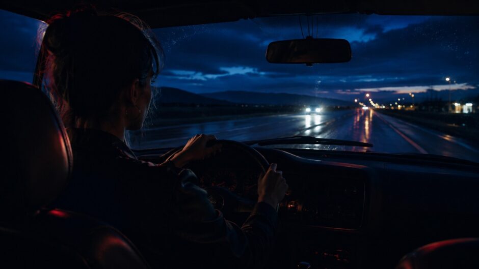 雨上がりの夜の道路を車で走る女性の後ろ姿