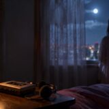 夜の部屋に置かれた時計とカセットプレーヤー、窓辺に立つ女性の後ろ姿