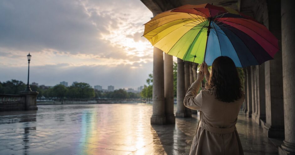 雨上がりの光の中でカラフルな傘を開く女性の後ろ姿