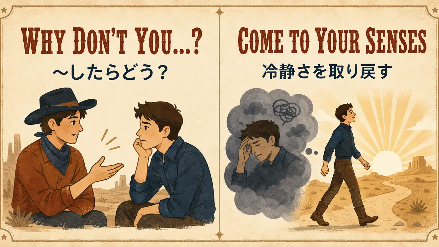 Why don't youとcome to your sensesの意味を示す英語学習図解