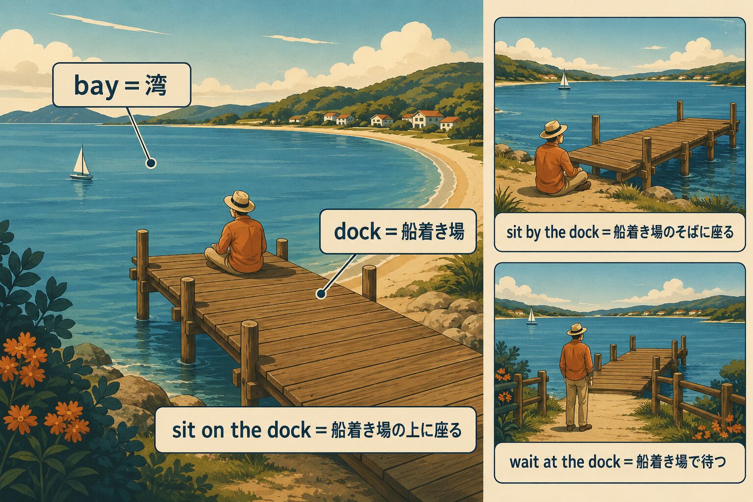 dockは船着き場、bayは湾、sit on・sit by・wait atの位置関係を示す英語学習イラスト