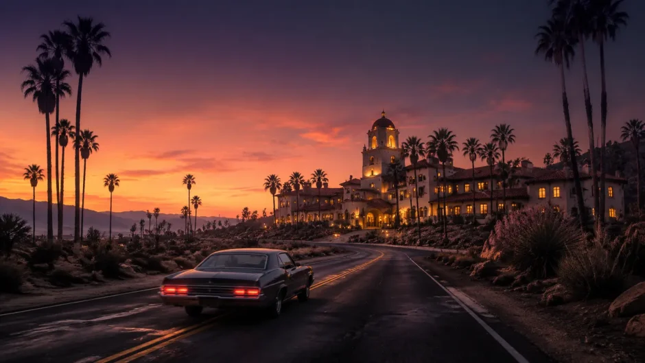夕暮れのカリフォルニアでホテルへ続く道