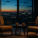 夕暮れの部屋に向かい合う二つの椅子と二つのカップ