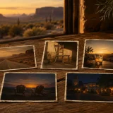 イーグルスの5つの名曲を象徴する写真を並べたテーブル