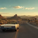 アメリカ南西部の道を走るクラシックなオープンカー