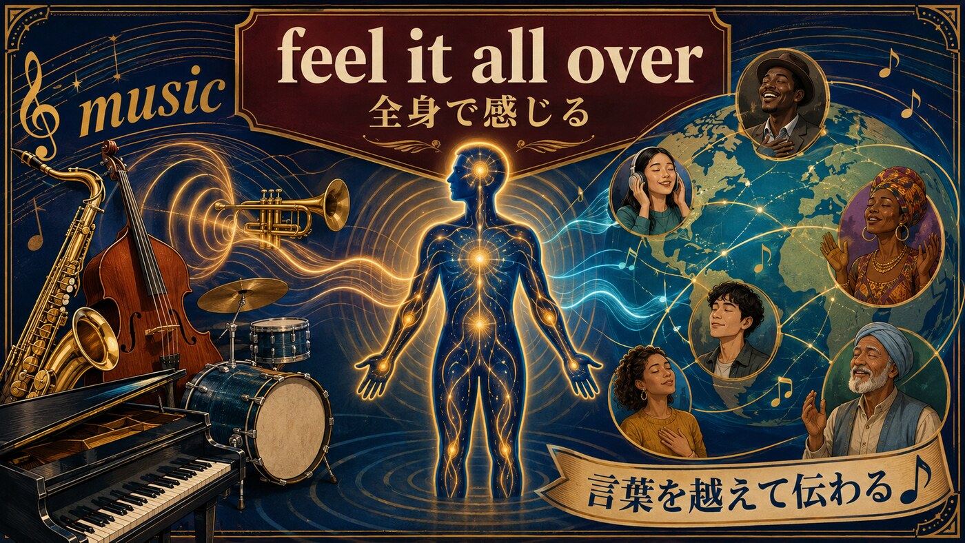 feel it all overが音楽を全身で感じる意味を表す英語学習イラスト
