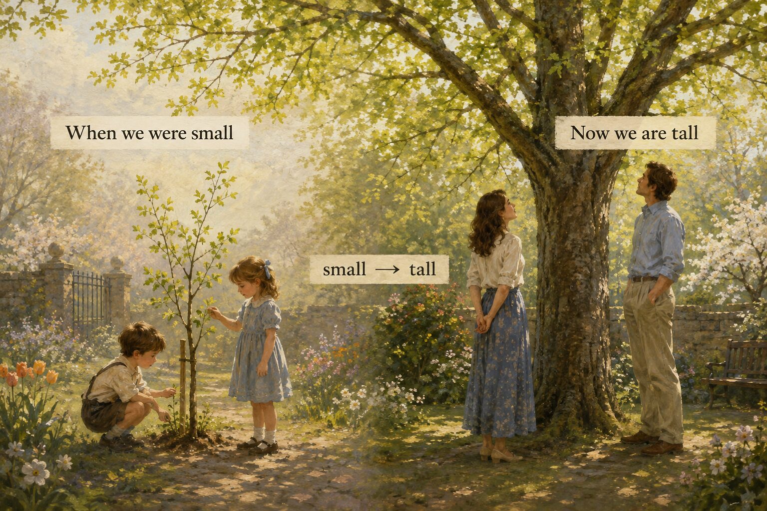 子ども時代のsmallと成長後のtallを同じ二人と木で表した英語学習イラスト