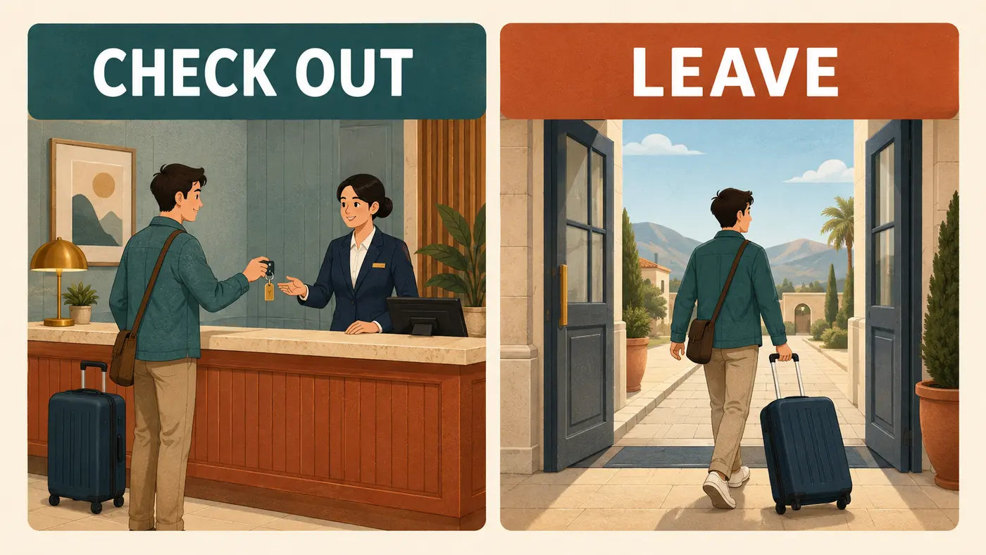 ホテルで使うcheck outとleaveの違いを示す図解
