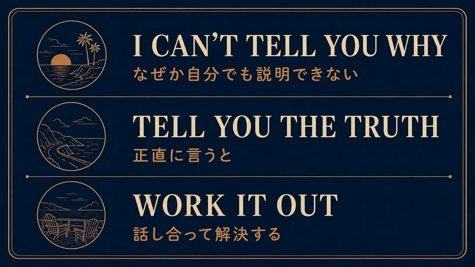I can't tell you why、tell you the truth、work it outの意味を示す英語学習図解