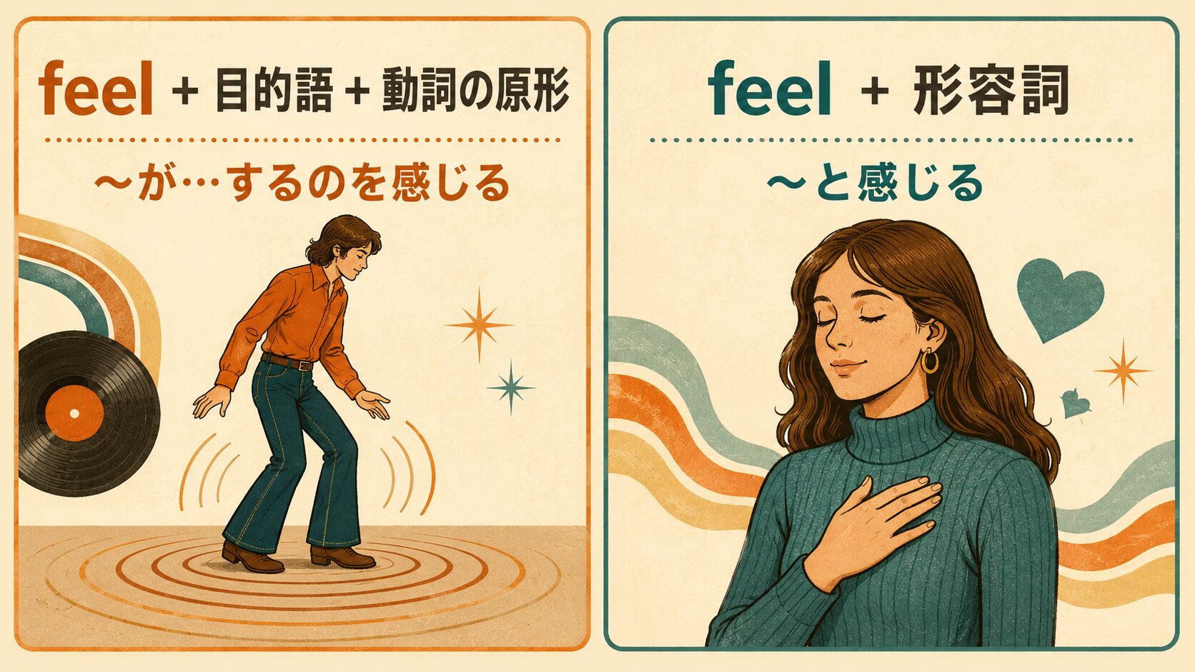 feelプラス目的語プラス動詞の原形とfeelプラス形容詞の違いを示す英語学習イラスト