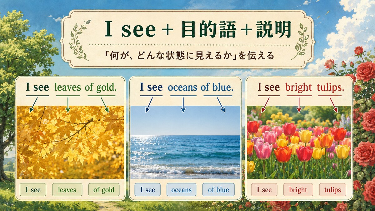 I see+目的語+説明で何がどんな状態に見えるかを表す英語図解